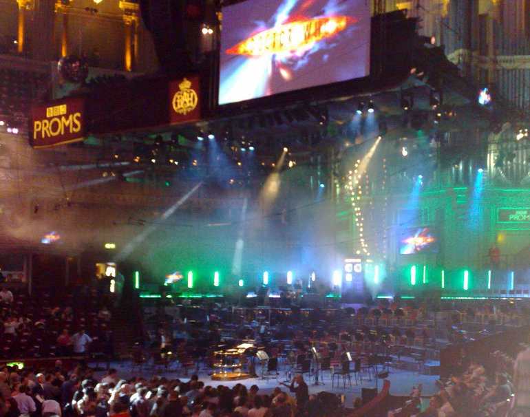 The Royal Albert Hall, the empty stage but for the TARDIS