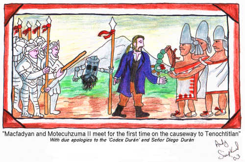 Macfadyan and Motecuhzuma II meet for the first time on the causeway tp Tenochtitlan