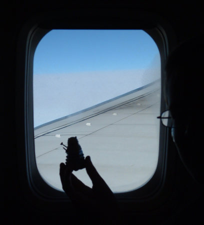 Mr. Dalek looks out of the aeroplane window